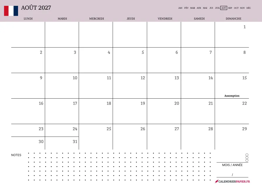 Calendrier août 2027 à imprimer avec jours fériés, notes, couleur rose