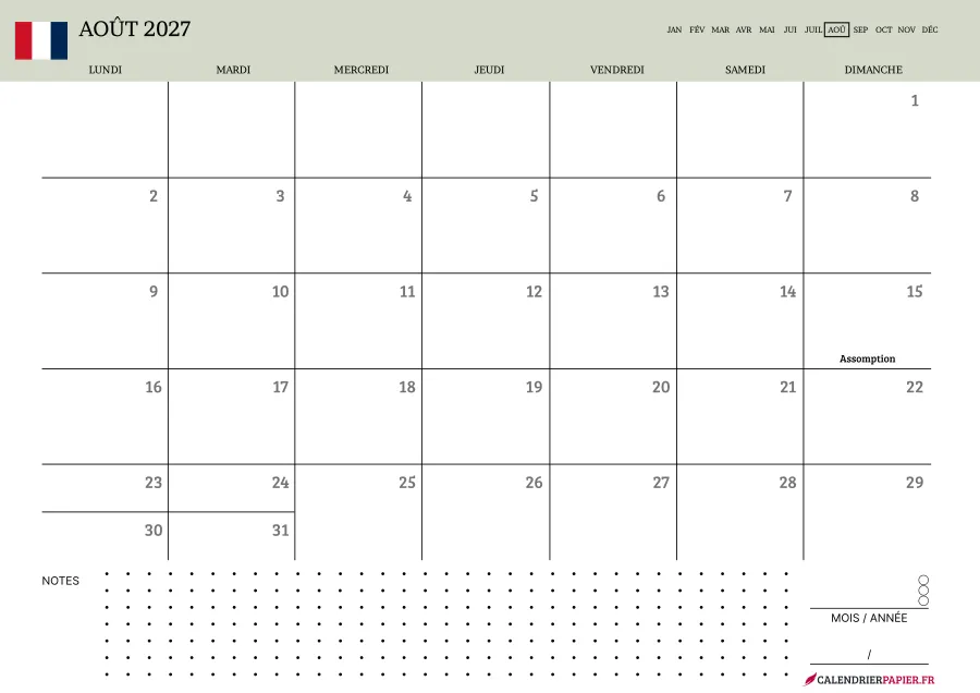 Calendrier août 2027 à imprimer avec jours fériés, notes, couleur vert