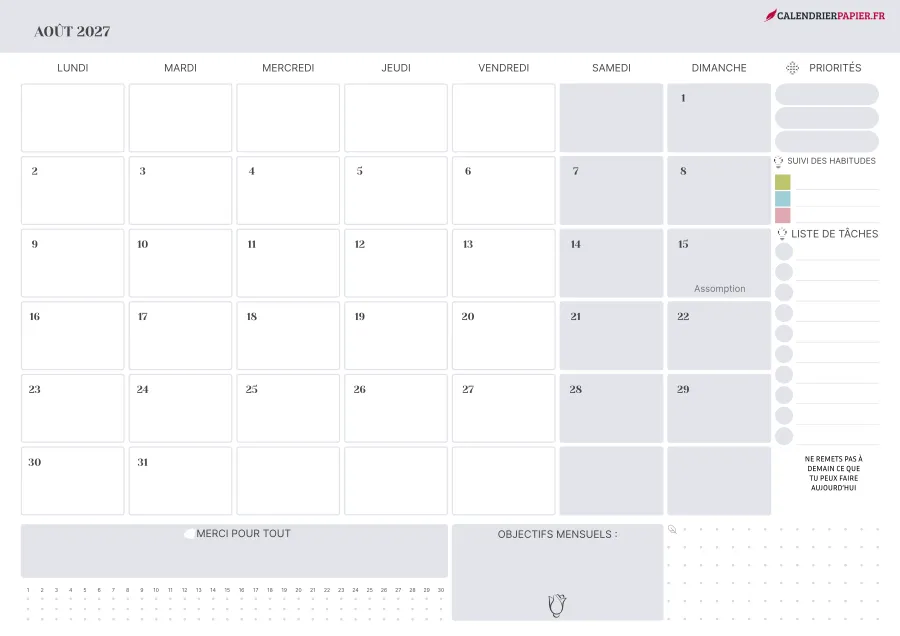 Calendrier août 2027 à imprimer avec jours fériés, priorités, couleur lavande
