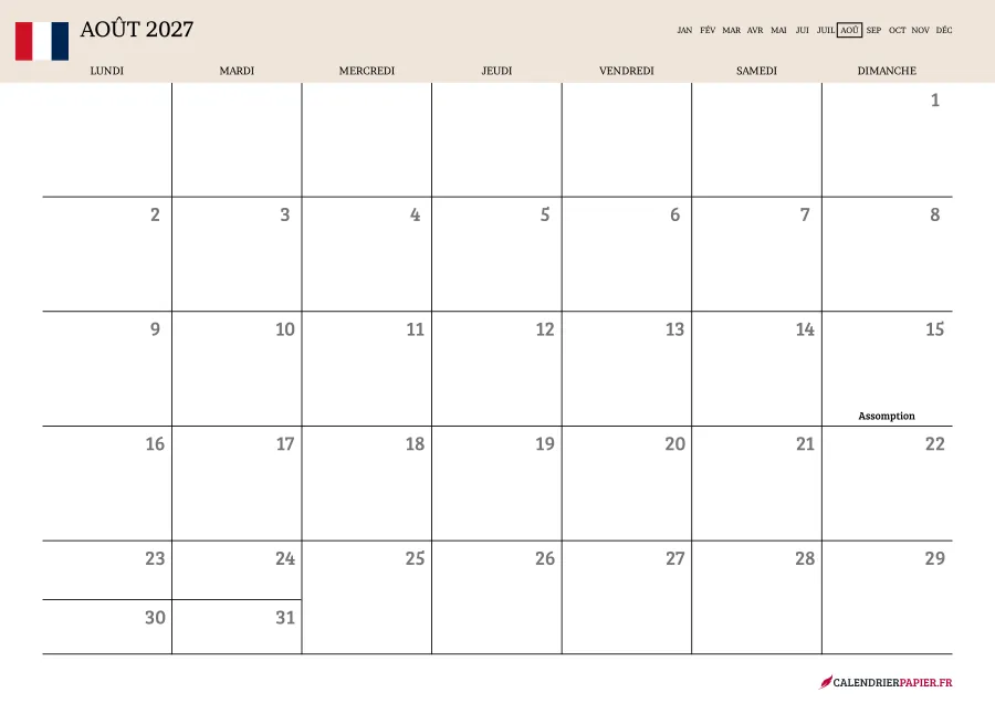 Calendrier août 2027 à imprimer avec jours fériés, vierge, couleur crème
