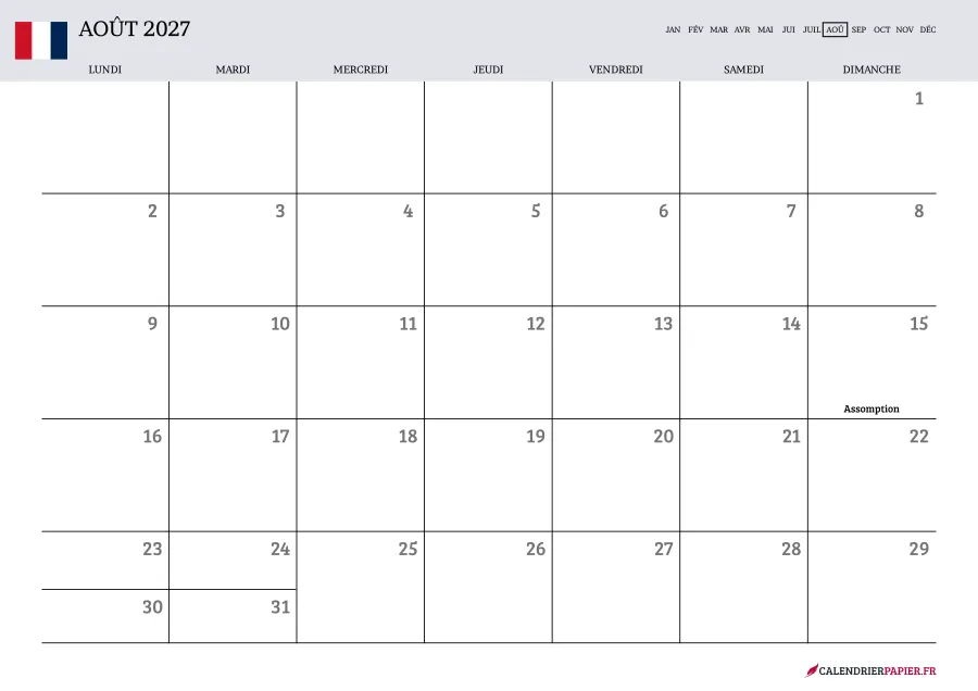 Calendrier août 2027 à imprimer avec jours fériés, vierge, couleur lavande