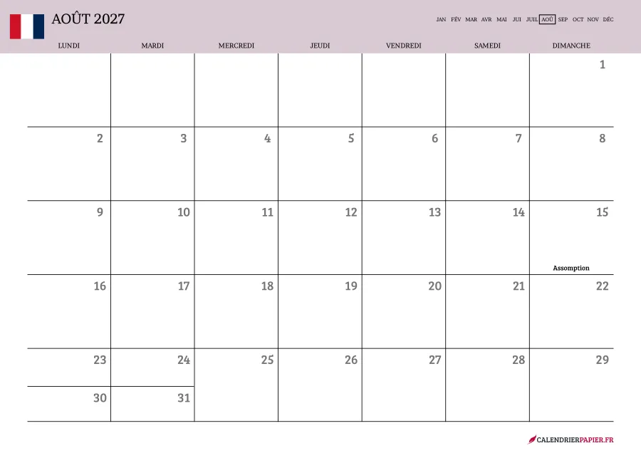 Calendrier août 2027 à imprimer avec jours fériés, vierge, couleur rose