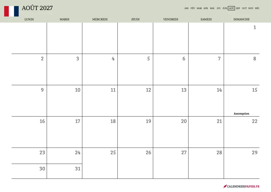 Calendrier août 2027 à imprimer avec jours fériés, vierge, couleur vert