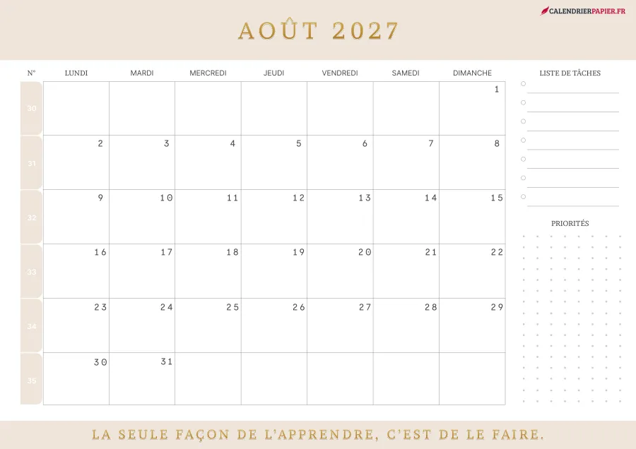 Calendrier août 2027 à imprimer avec numéros de semaine, liste de tâches, couleur crème