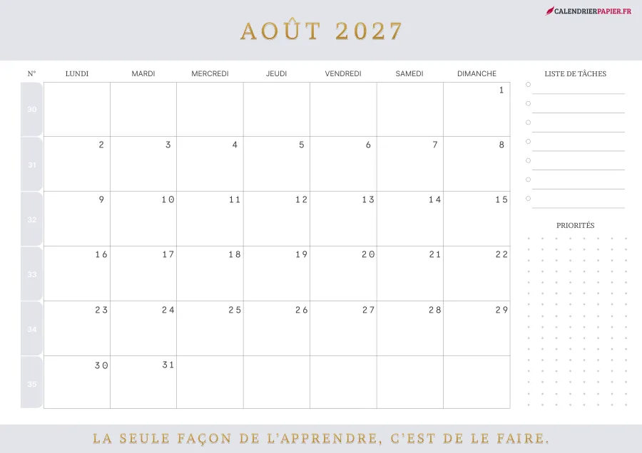 Calendrier août 2027 à imprimer avec numéros de semaine, liste de tâches, couleur lavande