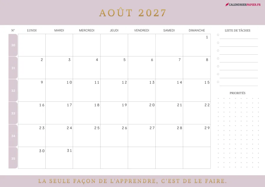 Calendrier août 2027 à imprimer avec numéros de semaine, liste de tâches, couleur rose