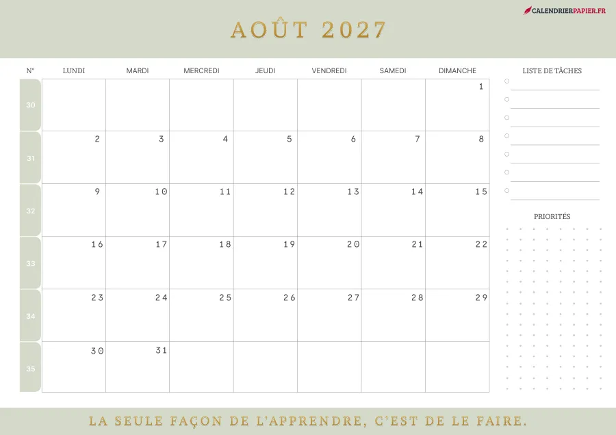 Calendrier août 2027 à imprimer avec numéros de semaine, liste de tâches, couleur vert