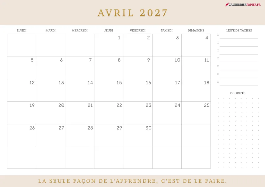Calendrier avril 2027 à imprimer avec jours fériés, liste de tâches, couleur crème