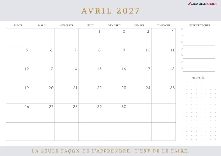 Calendrier avril 2027 à imprimer avec jours fériés, liste de tâches, couleur lavande