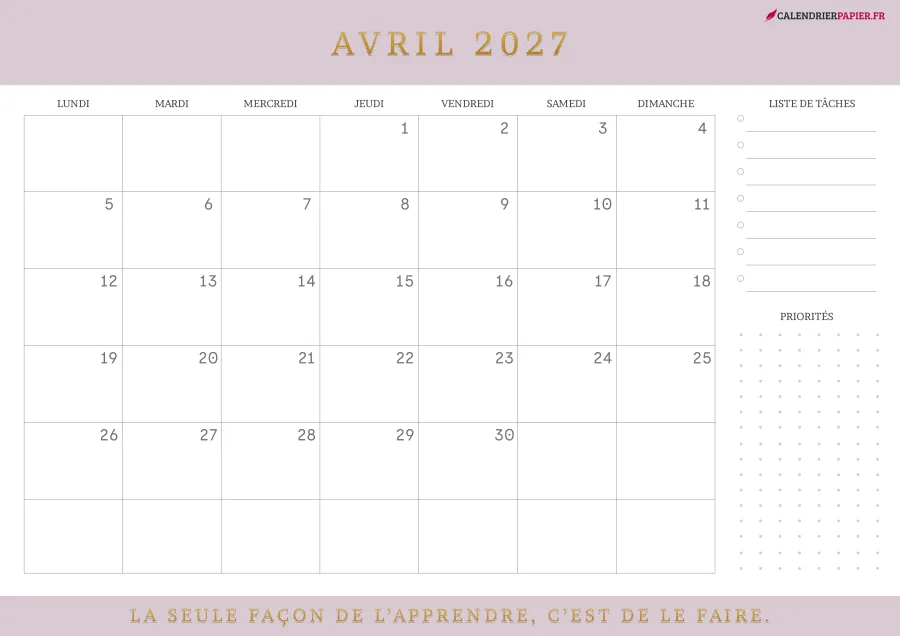 Calendrier avril 2027 à imprimer avec jours fériés, liste de tâches, couleur rose