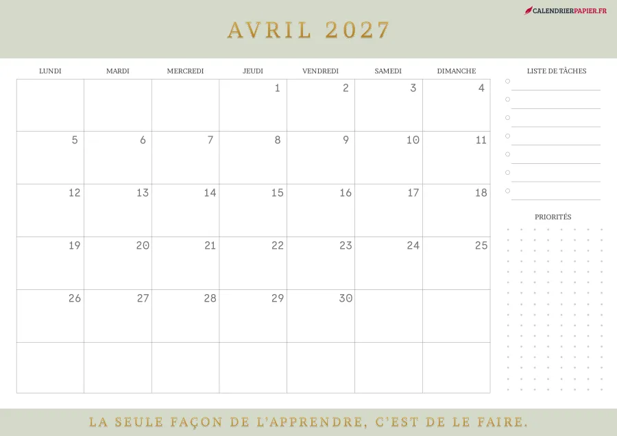 Calendrier avril 2027 à imprimer avec jours fériés, liste de tâches, couleur vert