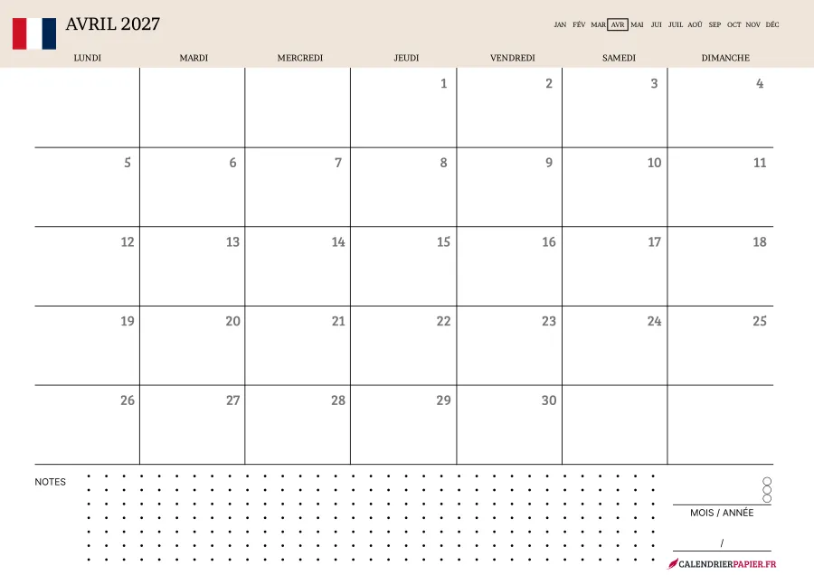 Calendrier avril 2027 à imprimer avec jours fériés, notes, couleur crème