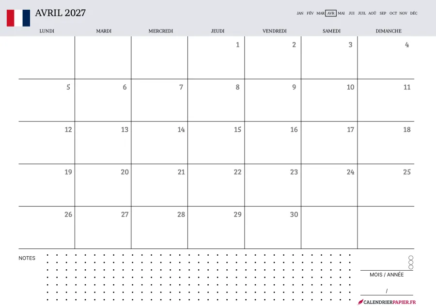 Calendrier avril 2027 à imprimer avec jours fériés, notes, couleur lavande