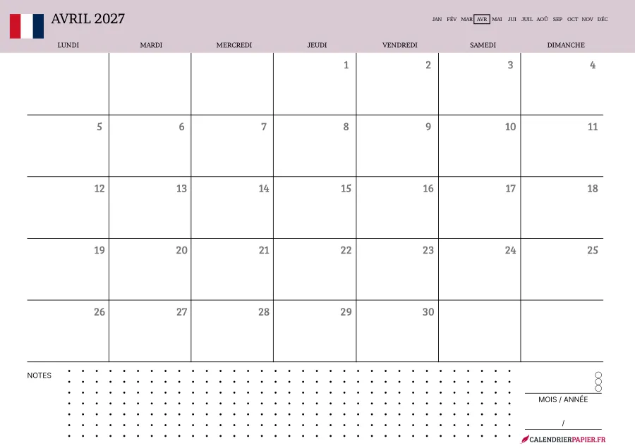 Calendrier avril 2027 à imprimer avec jours fériés, notes, couleur rose