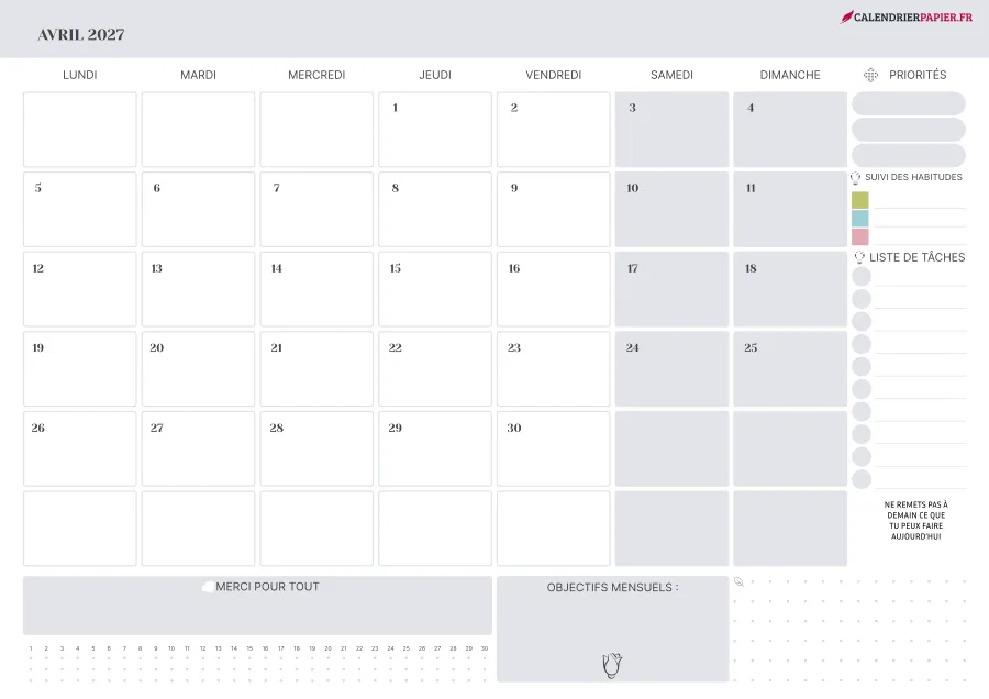 Calendrier avril 2027 à imprimer avec jours fériés, priorités, couleur lavande