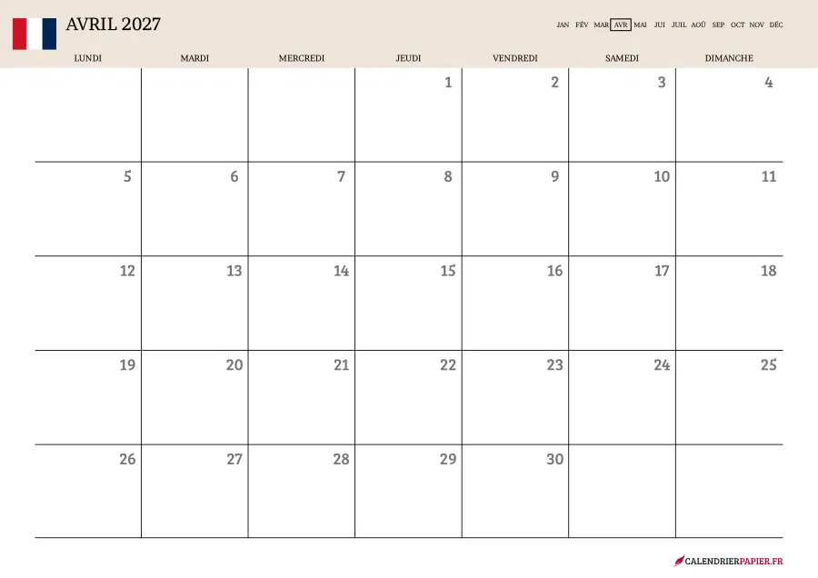 Calendrier avril 2027 à imprimer avec jours fériés, vierge, couleur crème