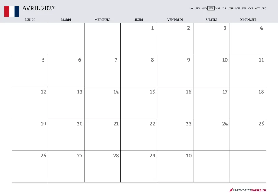 Calendrier avril 2027 à imprimer avec jours fériés, vierge, couleur lavande