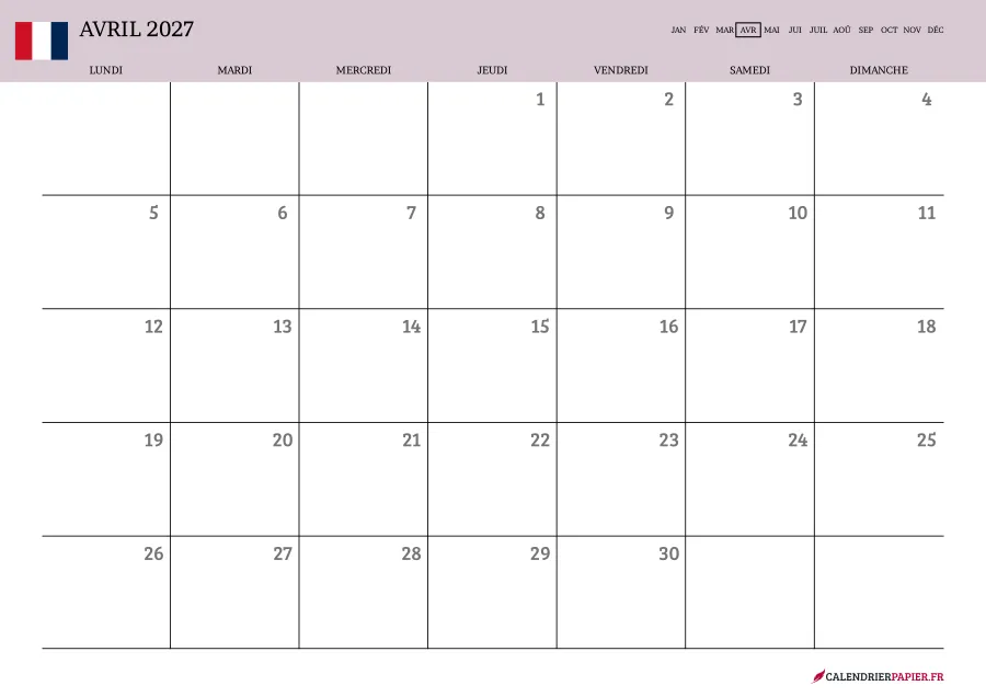 Calendrier avril 2027 à imprimer avec jours fériés, vierge, couleur rose
