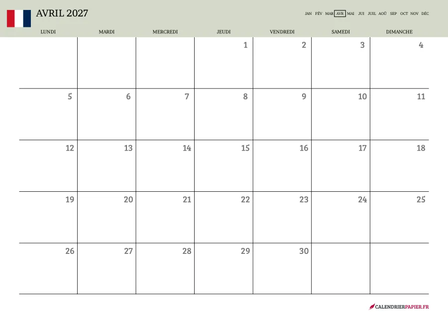 Calendrier avril 2027 à imprimer avec jours fériés, vierge, couleur vert