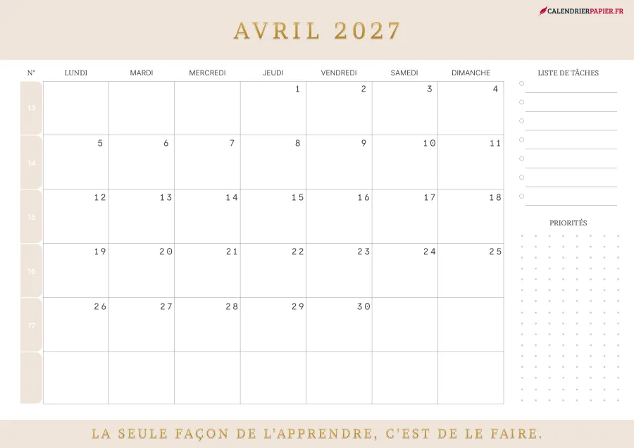 Calendrier avril 2027 à imprimer avec numéros de semaine, liste de tâches, couleur crème
