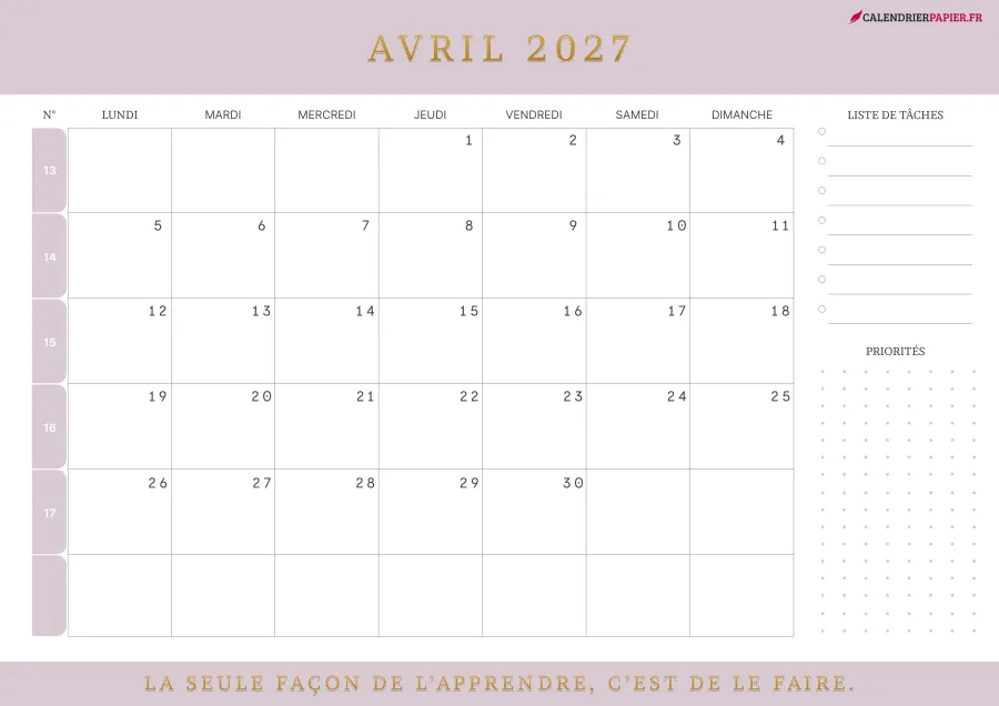 Calendrier avril 2027 à imprimer avec numéros de semaine, liste de tâches, couleur rose