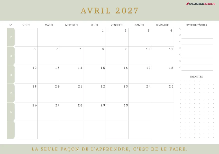 Calendrier avril 2027 à imprimer avec numéros de semaine, liste de tâches, couleur vert