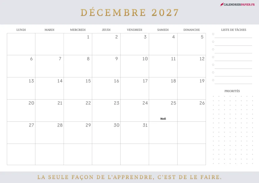 Calendrier décembre 2027 à imprimer avec jours fériés, liste de tâches, couleur lavande