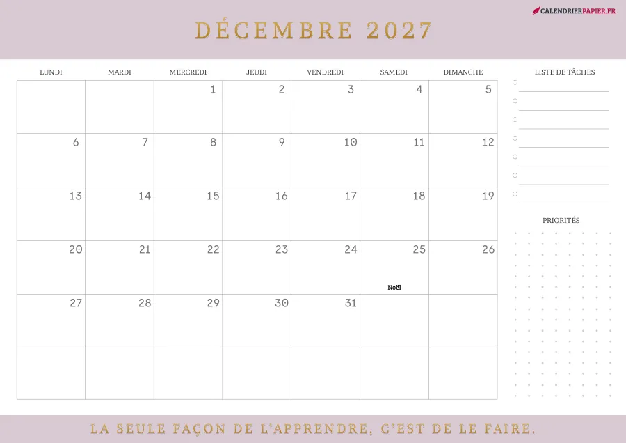 Calendrier décembre 2027 à imprimer avec jours fériés, liste de tâches, couleur rose