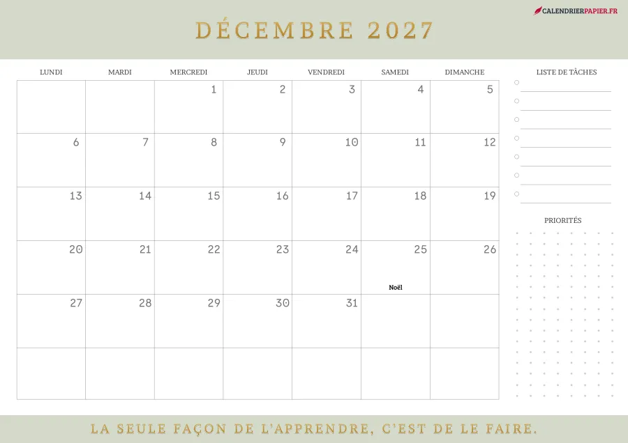 Calendrier décembre 2027 à imprimer avec jours fériés, liste de tâches, couleur vert