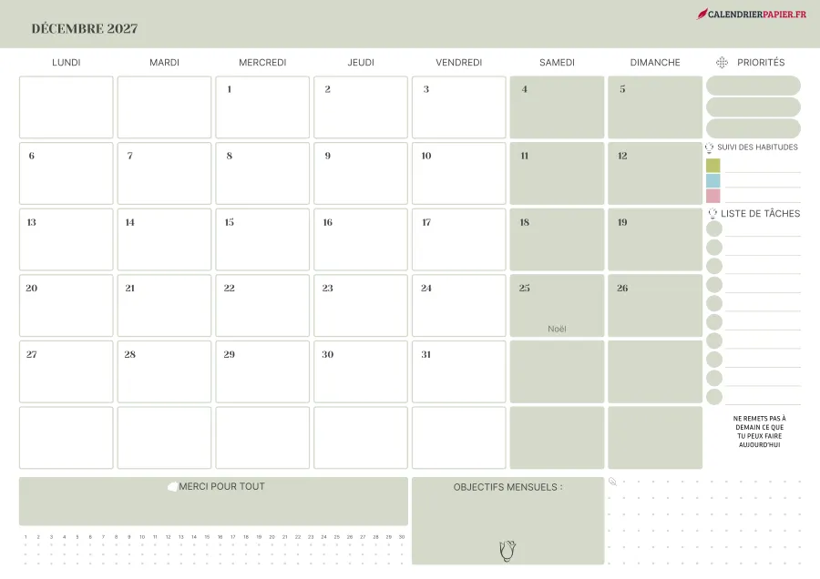 Calendrier décembre 2027 à imprimer avec jours fériés, priorités, couleur vert