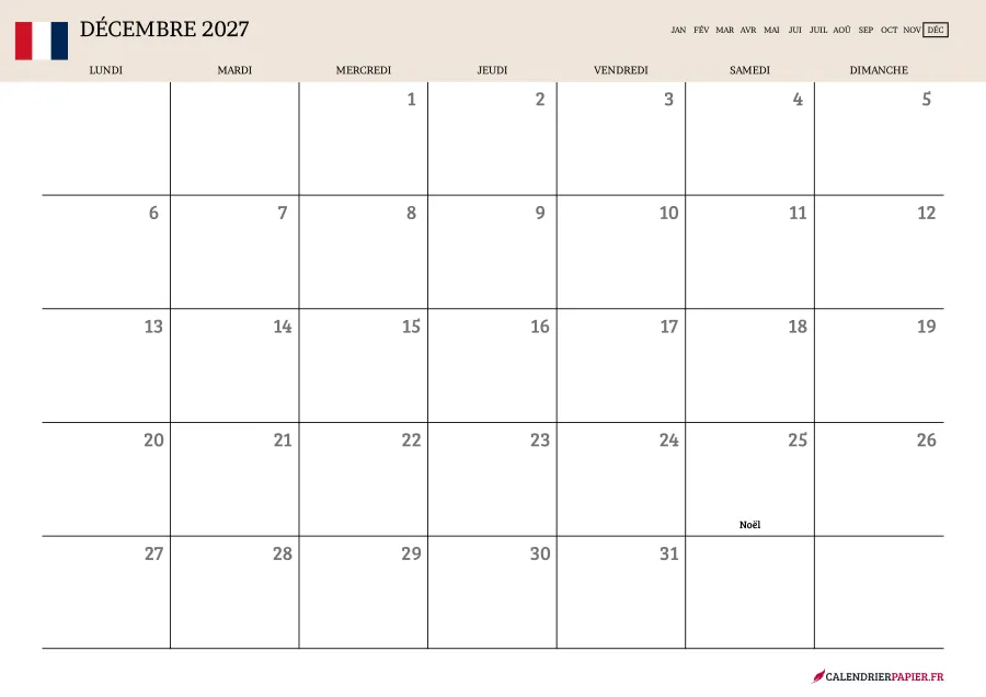 Calendrier décembre 2027 à imprimer avec jours fériés, vierge, couleur crème