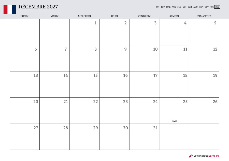 Calendrier décembre 2027 à imprimer avec jours fériés, vierge, couleur lavande