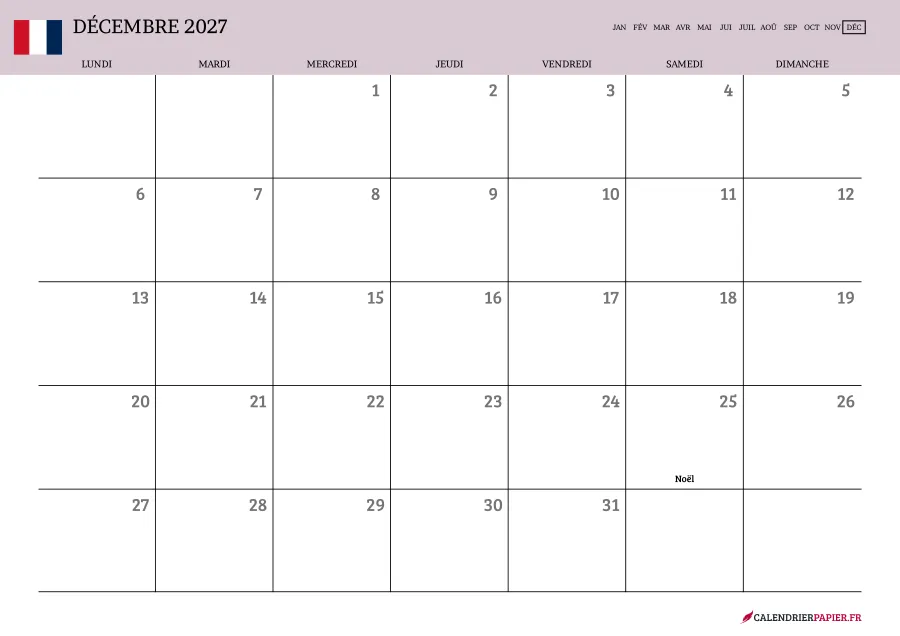Calendrier décembre 2027 à imprimer avec jours fériés, vierge, couleur rose