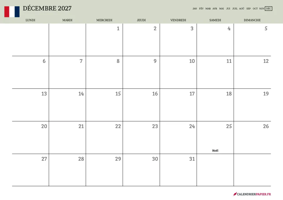 Calendrier décembre 2027 à imprimer avec jours fériés, vierge, couleur vert