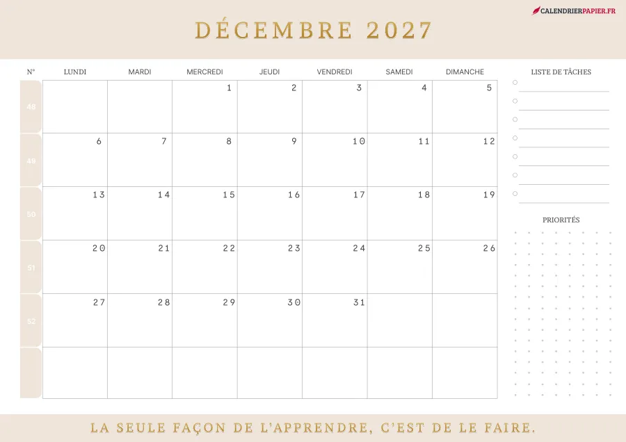 Calendrier décembre 2027 à imprimer avec numéros de semaine, liste de tâches, couleur crème