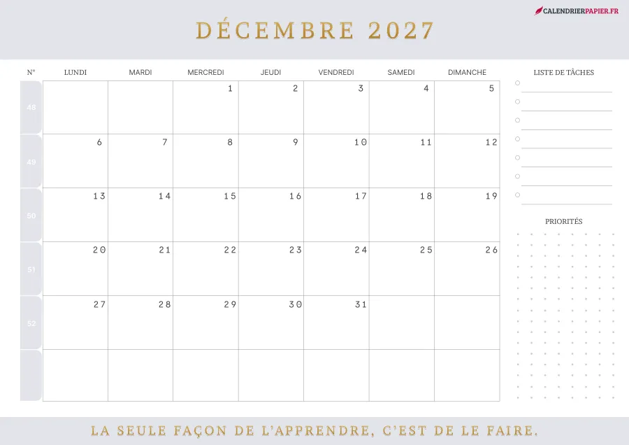 Calendrier décembre 2027 à imprimer avec numéros de semaine, liste de tâches, couleur lavande