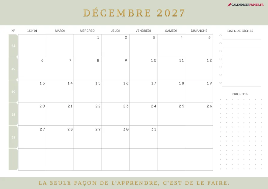 Calendrier décembre 2027 à imprimer avec numéros de semaine, liste de tâches, couleur vert