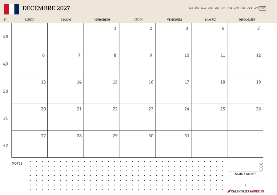 Calendrier décembre 2027 à imprimer avec numéros de semaine, notes, couleur crème