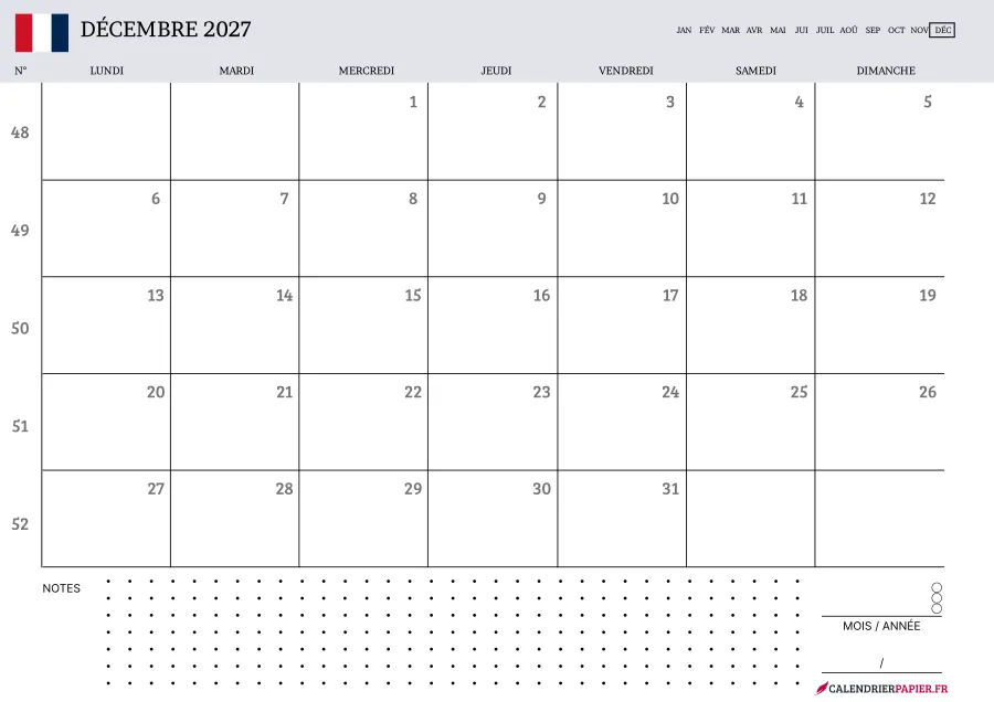 Calendrier décembre 2027 à imprimer avec numéros de semaine, notes, couleur lavande