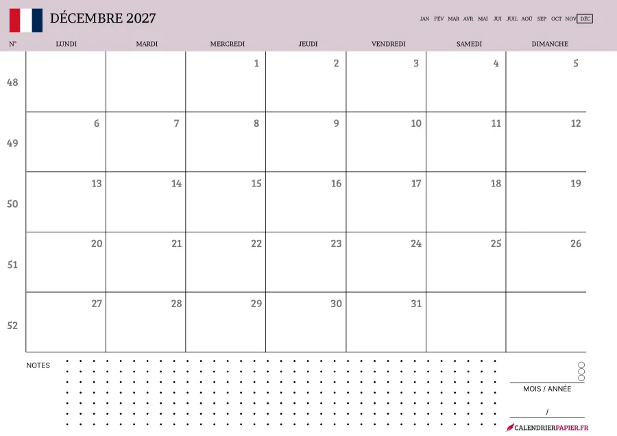 Calendrier décembre 2027 à imprimer avec numéros de semaine, notes, couleur rose