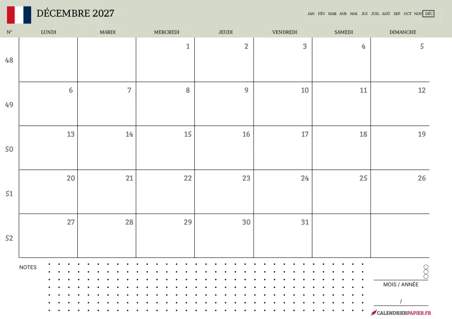 Calendrier décembre 2027 à imprimer avec numéros de semaine, notes, couleur vert
