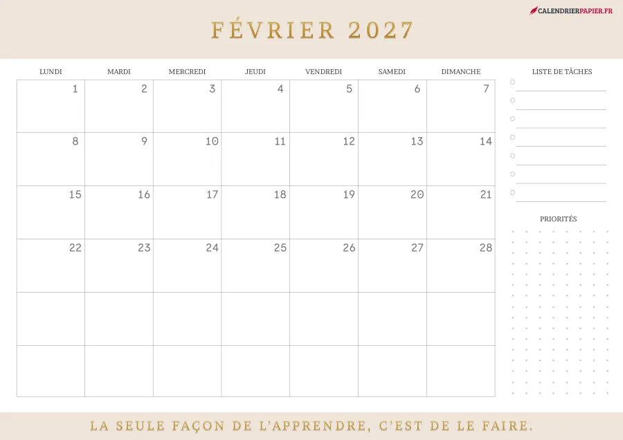 Calendrier février 2027 à imprimer avec jours fériés, liste de tâches, couleur crème