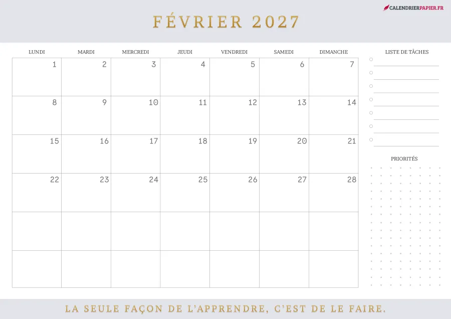 Calendrier février 2027 à imprimer avec jours fériés, liste de tâches, couleur lavande