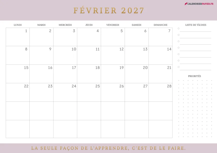 Calendrier février 2027 à imprimer avec jours fériés, liste de tâches, couleur rose