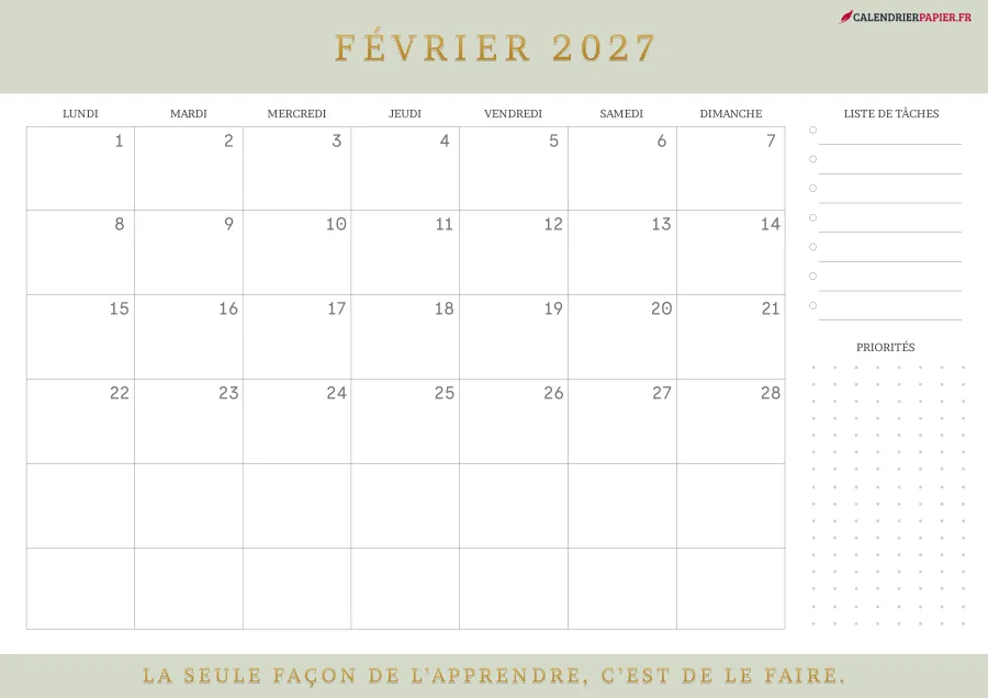 Calendrier février 2027 à imprimer avec jours fériés, liste de tâches, couleur vert