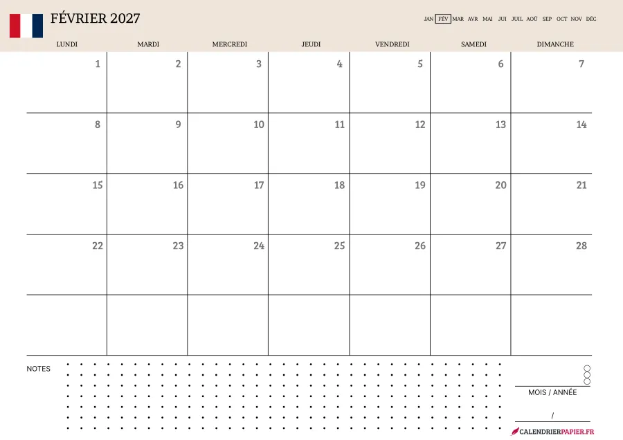 Calendrier février 2027 à imprimer avec jours fériés, notes, couleur crème