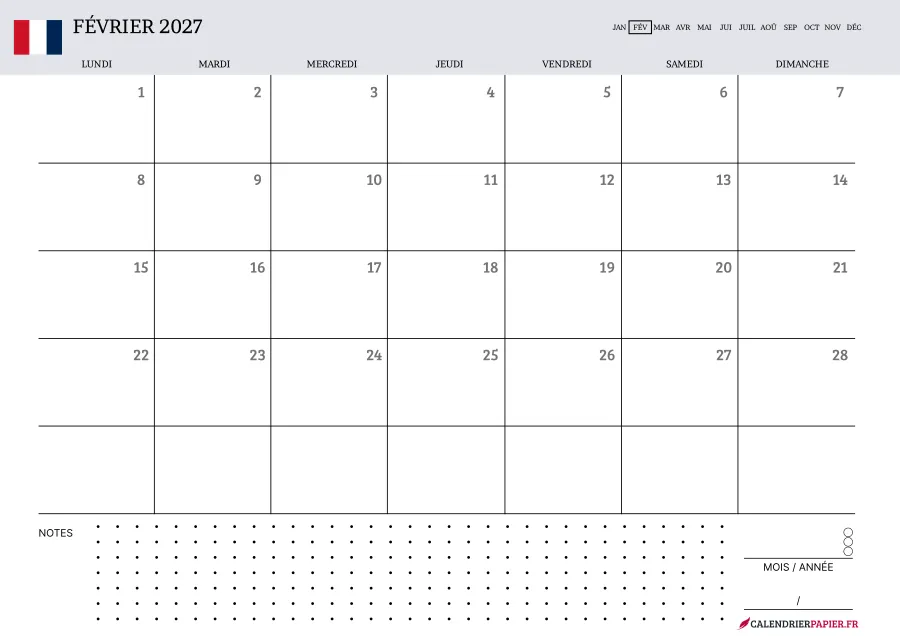 Calendrier février 2027 à imprimer avec jours fériés, notes, couleur lavande