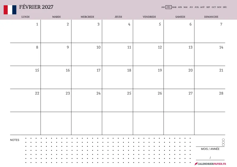 Calendrier février 2027 à imprimer avec jours fériés, notes, couleur rose