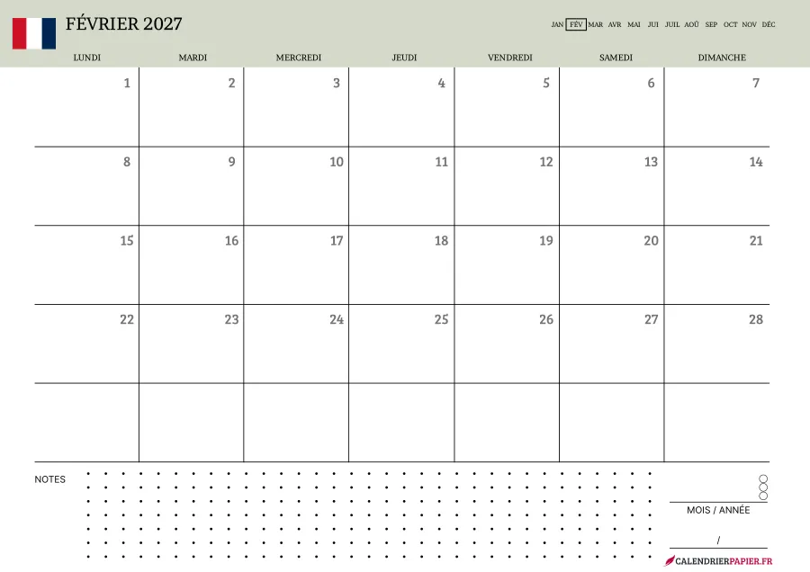 Calendrier février 2027 à imprimer avec jours fériés, notes, couleur vert