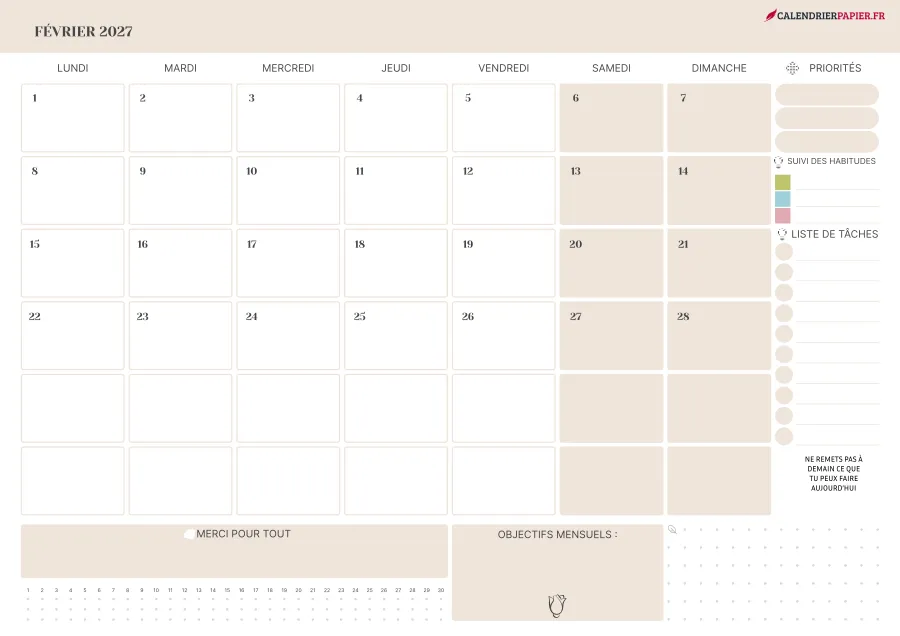 Calendrier février 2027 à imprimer avec jours fériés, priorités, couleur crème